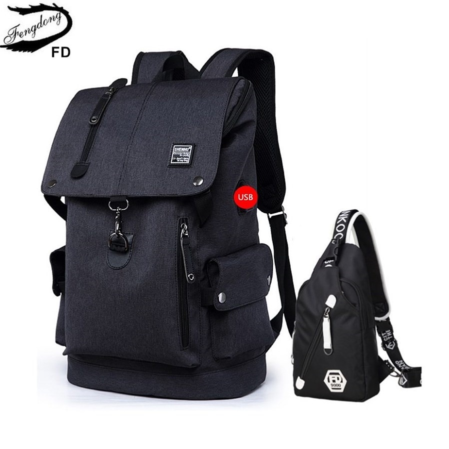 Fengdong – sac à dos noir imperméable pour hommes, 2 pièces, grande taille, ensemble de sac d&#39;école pour garçon, sacoche de poitrine asymétrique