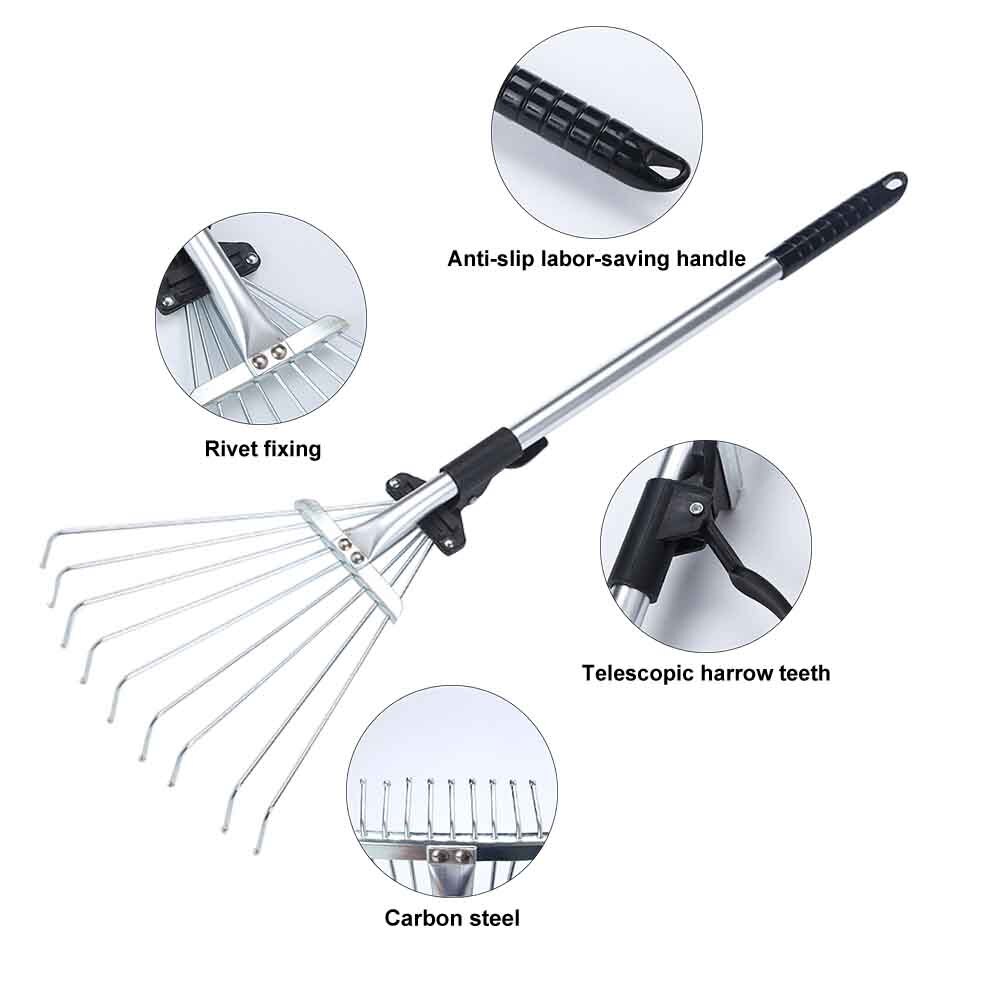 Lawns Garden Rake Stainless Steel Telescopic Lightweight Collect Loose Debris Fan Broom Expandable Agriculture 9 Teeth Hand Tool