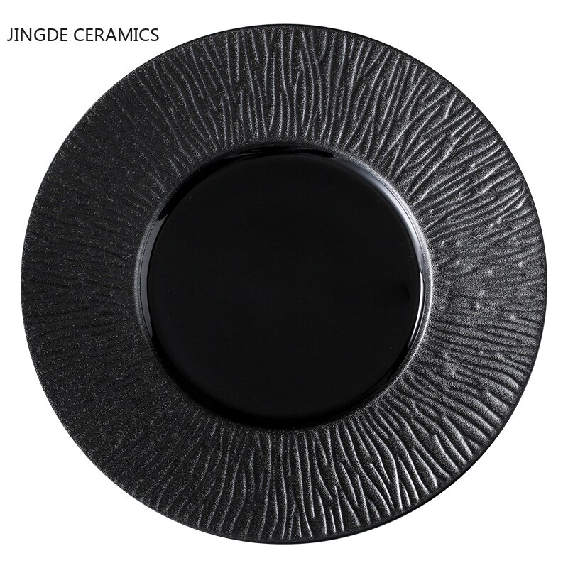 Plato redondo de cerámica para comida occidental, mueble de cocina para el hogar, bandeja para sopa y fideos, , blanco y negro