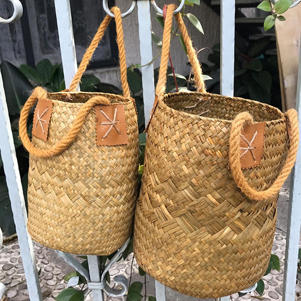 Seagrass Woven Storage Baskets Garden Flower Vase Hanging Basket Rattan Planter Potted Organizer Home Laundry Basket with Handle