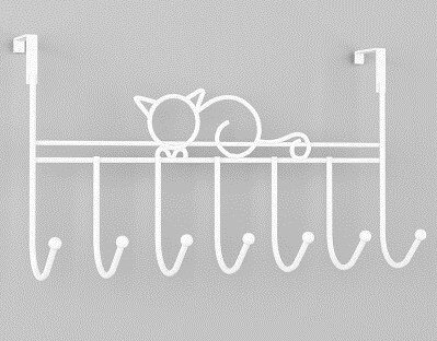7-Hook over door hanger Iron Art Bag Clothes Key Scarf Hanging Holder Bathroom Kitchen Home Back Door organizer: white cat