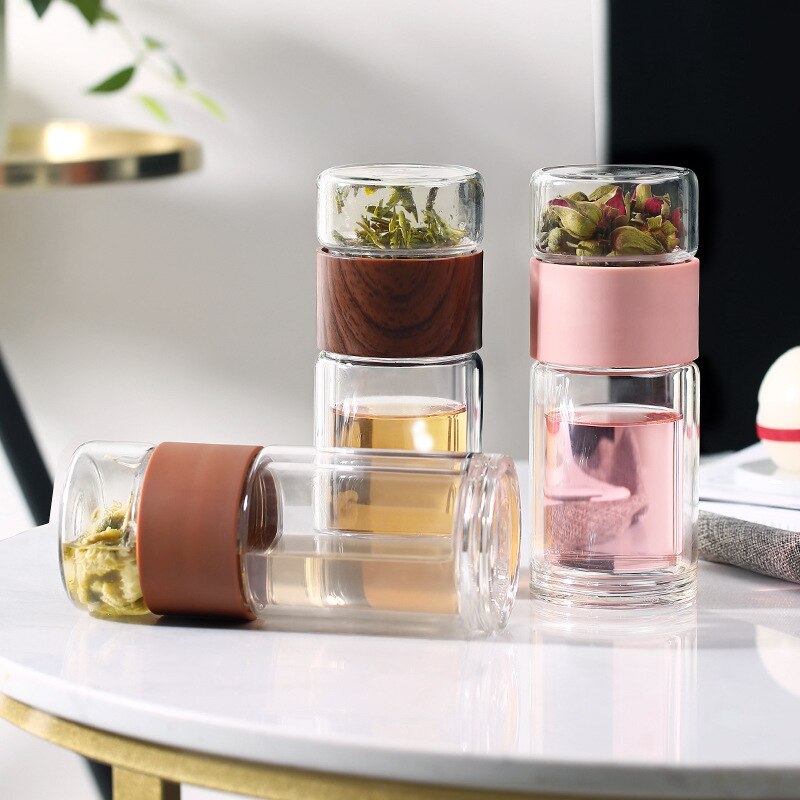 Thee waterfles reis drinkgerei dubbelwandige glazen thee-infuser beker roestvrijstalen filters theefilter bloemen theekopje
