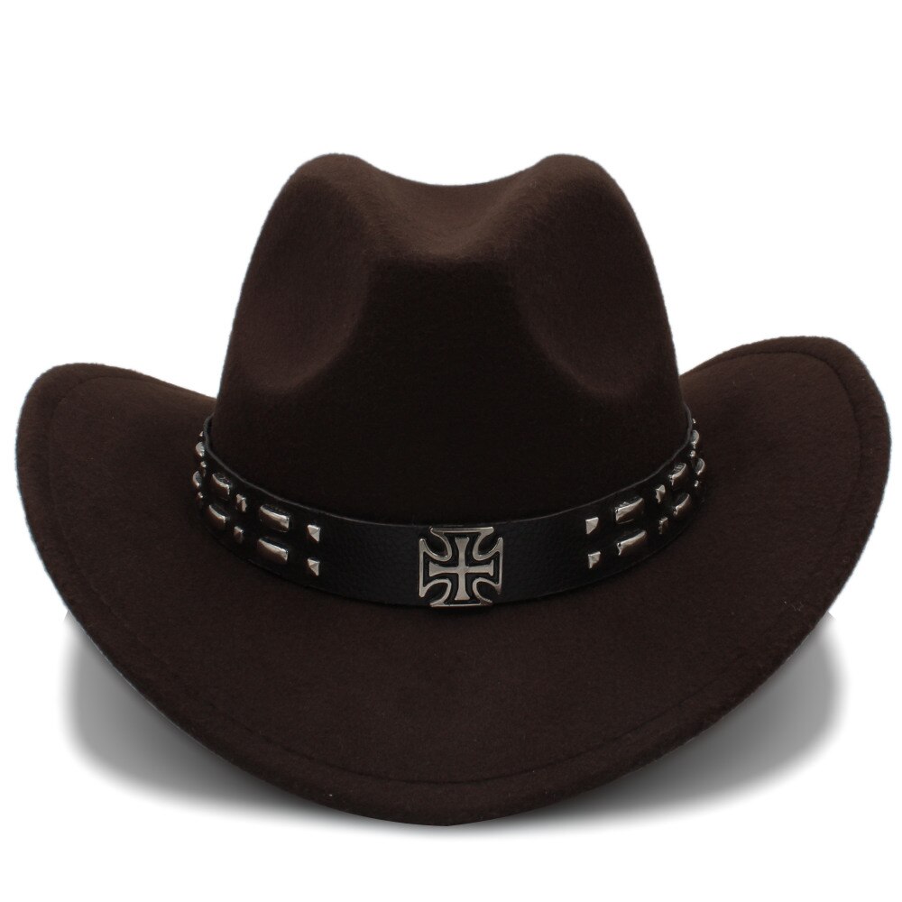 Kvinder uld western cowboy hat med roll-up brim kirke dame jazz hestesport sombrero hombre steampunk cap størrelse 56-58cm: Kaffe