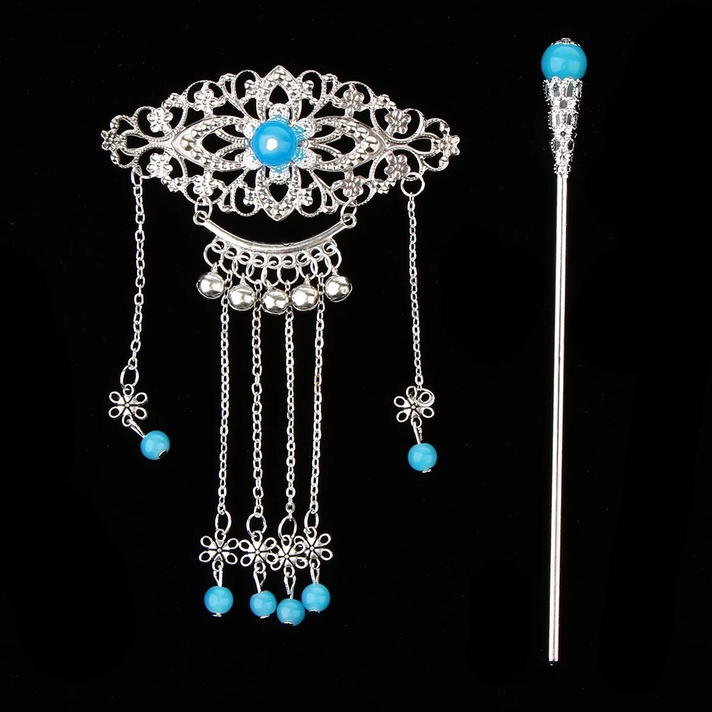 Women Retro Traditional Chinese Wedding Floral Tassels Bells Hair Stick Chopsticks Headwear Hairstick Jewelry: Blue