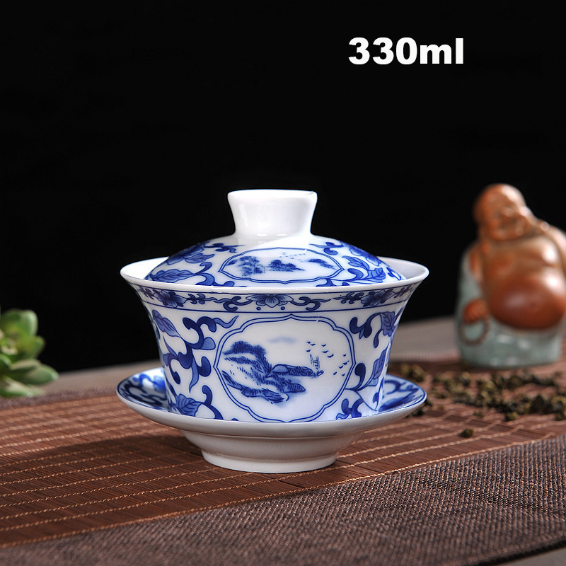 Ensemble de thé chinois Gaiwan bleu et blanc porcelaine Kung Fu ensemble de thé soupière en céramique bol à thé santé tasse à thé et soucoupe Master tasses: C3
