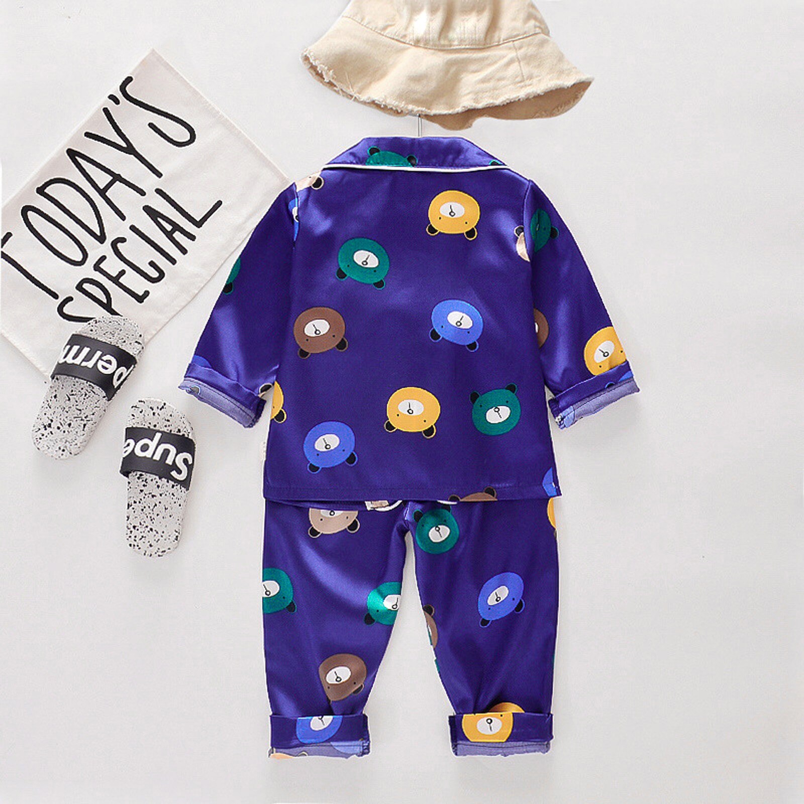 Conjunto de pijama de manga larga para niños y niñas pequeños, ropa de dormir de satén con botones de dibujos animados, cuello doblado hacia abajo, 4 #