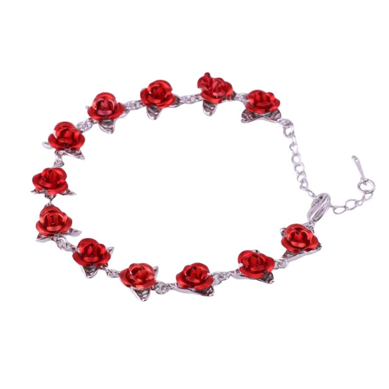 22cm Rose Gold Color Link Chain Romantic Bracelet With Red Enamel Rose Jewelry Valentine For Lover: silver color