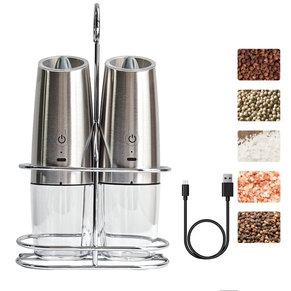 1/2Pcs Electric Pepper Grinder Salt And Pepper Grinder USB Rechargeable Adjustable Coarseness Spice Mill LED Light And bracket: Dark Khaki