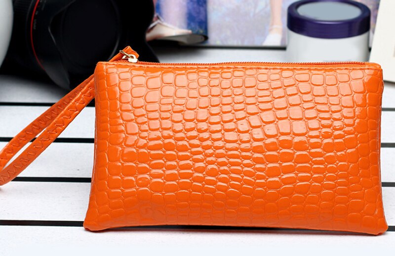 Kvindelig pu møntpung krokodille mønster kobling taske tegnebog med lynlås mobiltelefon håndtaske enkel solid for kvinder: Orange