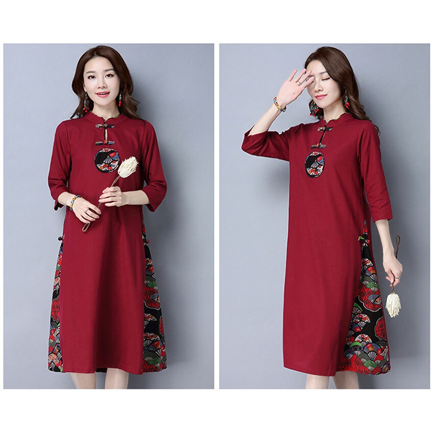 Summer Chinese Traditional Clothes Cheongsam Dress for Women Patchwork Ethinic Maxi Oriental Casual Dress Linen Tai Chi Set