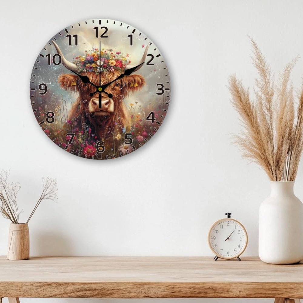 Highland Cattle Wall Clock 12 Inch Clock Flowers Non Ticking Battery Operated Decorative Round Clock for Home Kitchen Living