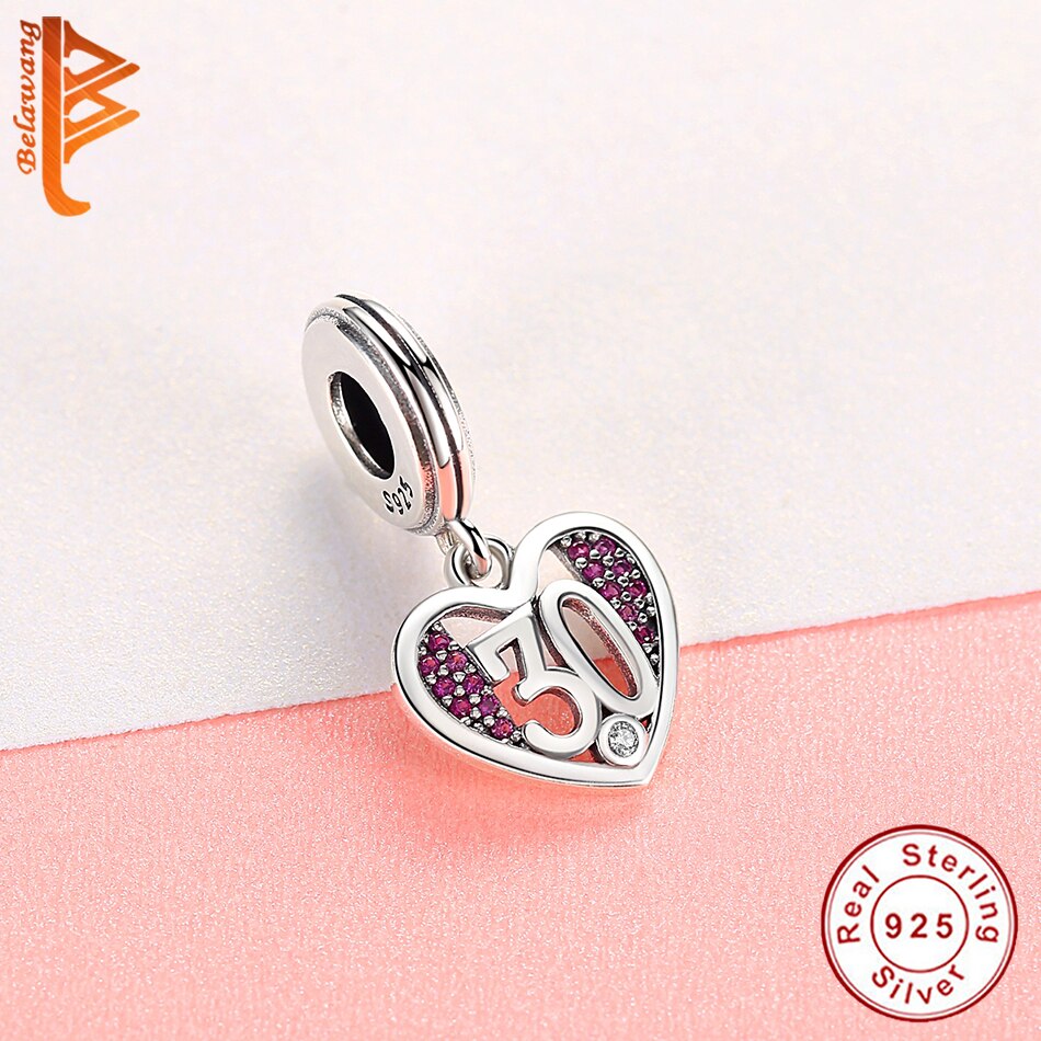BELAWANG European 100% 925 Sterling Silver Heart 30 Years Age CZ Charms Fits Brand Bracelets Pendant For Women DIY Fine Jewelry