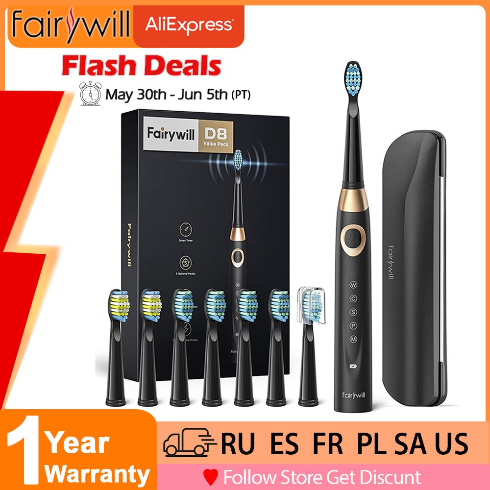 Fairywill Electric Sonic Toothbrush 5 Modes Replacement Heads Waterproof Rechargeable Powerful Cleaning Soft Heads Toothbrush