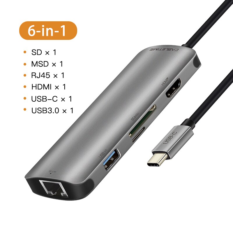Cabletime Usb C Hub Type C Naar Hdmi Sd Hub USB3.0 Lan Netwerk Hdmi Adapter 6 In 1 Voor Macbook air Pro Huawei Matebook C041: 6in1