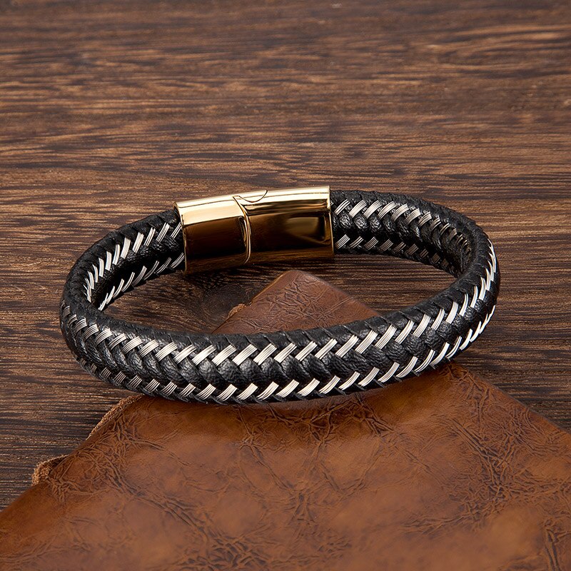 Men Jewelry Stainless Steel Braided Leather Rope Bracelet Punk Accessories Black Magnetic Clasp Bangles