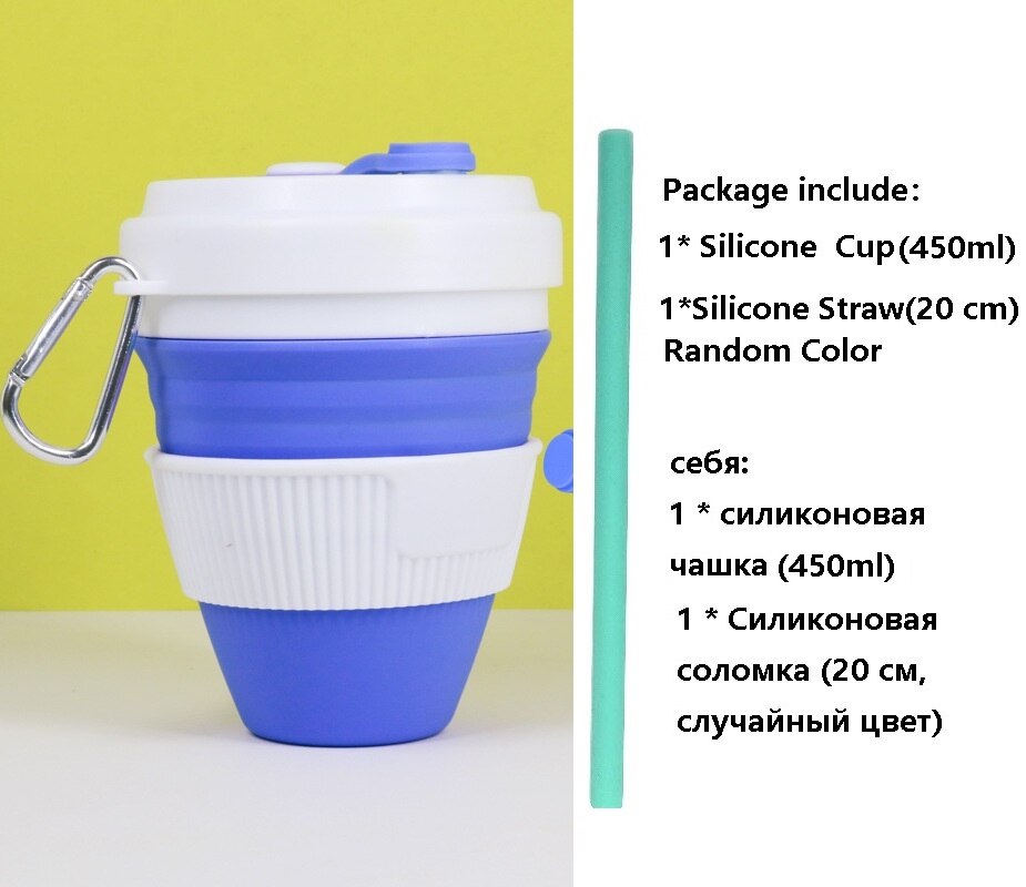 450Ml Siliconen Inklapbare Cup Handig Reizen Koffie Mok Draagbare Herbruikbare Sport Fles Met Deksels Uitbreidbaar Drinkbeker: WhiteNaveBlue