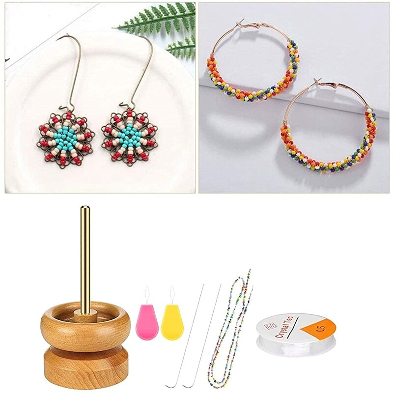 -Wooden Bead Spinner Bowl Bead Loader With Beading Needles For Stringing Crafts DIY Spinning Bracelet Jewelry Making Tool