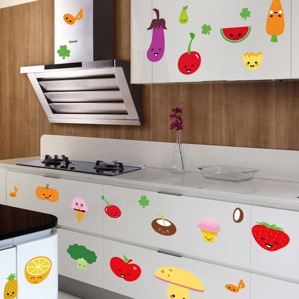 Removable Wall Stickers Cartoon Fruit and Vegetable Wall Stickers Vinyl Wallpapers DIY Decor Decals for Refrigerator Kitchen 45