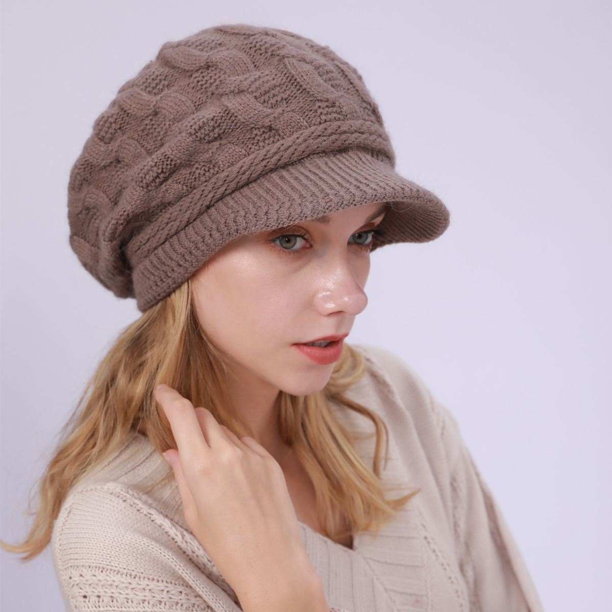Autumn Winter Women Warm Beret Hats Knitted Berets Female Plush Beanies Hat Outdoor Lady Rabbit Wool Knit Flap Caps: Khaki