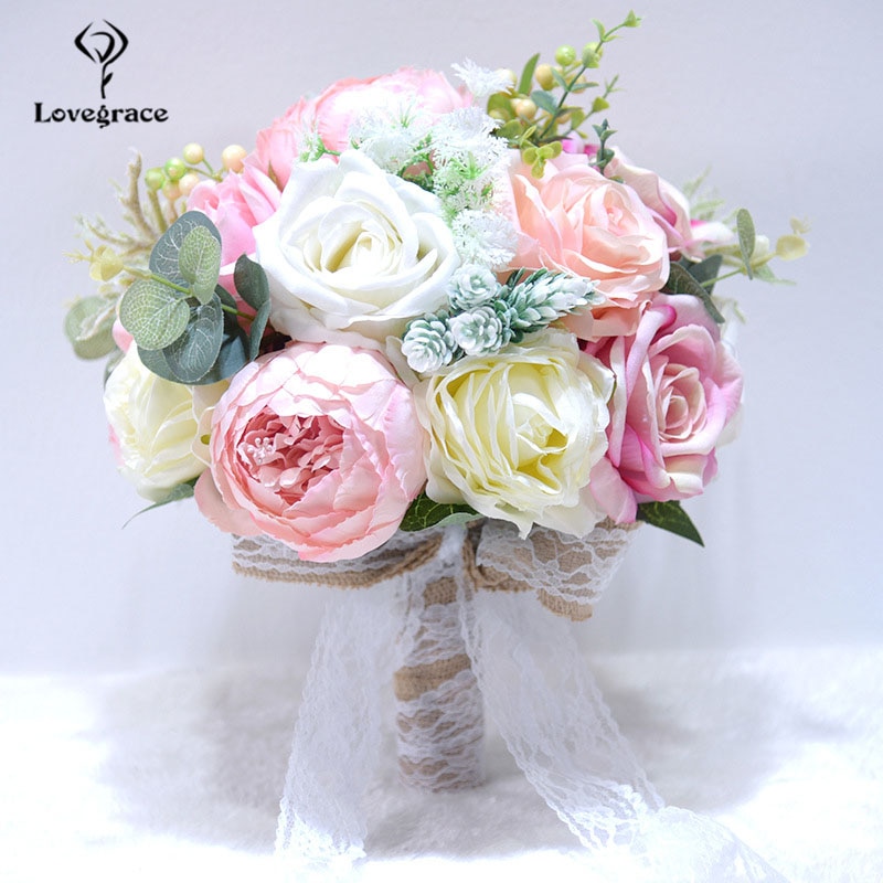 Bruiloft Bloem Bruidsboeket Silk Rose Wit Roze Hand Houder Bruidsboeket Flore Voor Bruidsmeisjes Wedding Mariage Accessoires