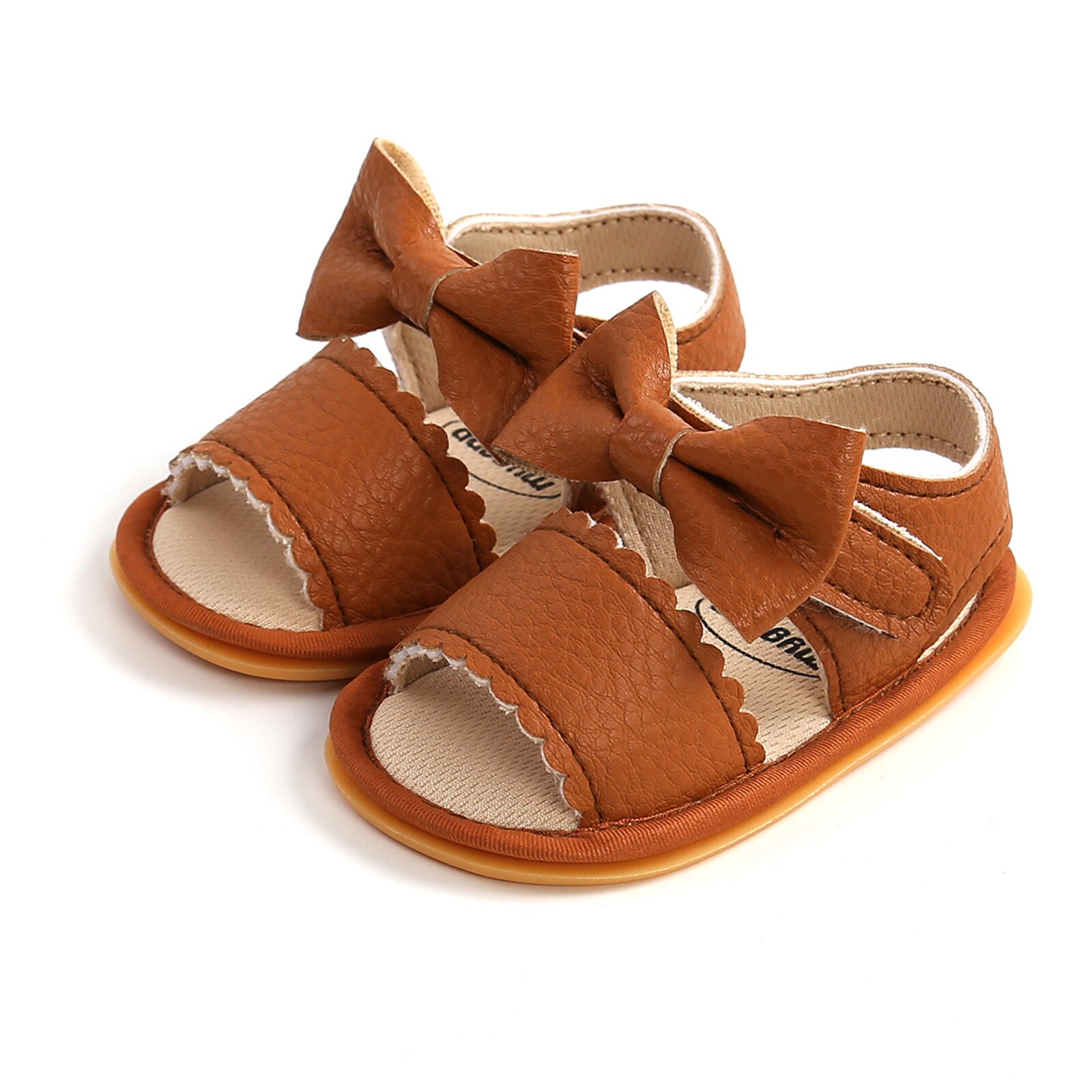 Baby Shoes Newborn Boys Girls Bow Sandals Soft Non-Slip Rubber Sole Summer Flat Walking Toddler Shoes Infants Kids Baby Sandals: Brown / 11