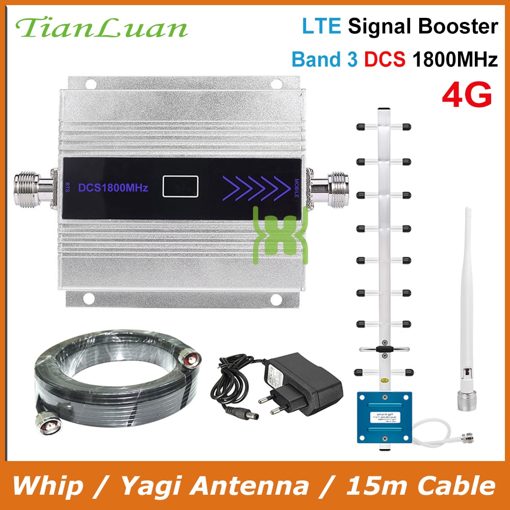 TianLuan LCD Display Mini Mobiele Telefoon DCS Signaal Booster 2G 4G LTE 1800MHz Signaal Repeater met Zweep /Yagi Antenne/15 m Kabel