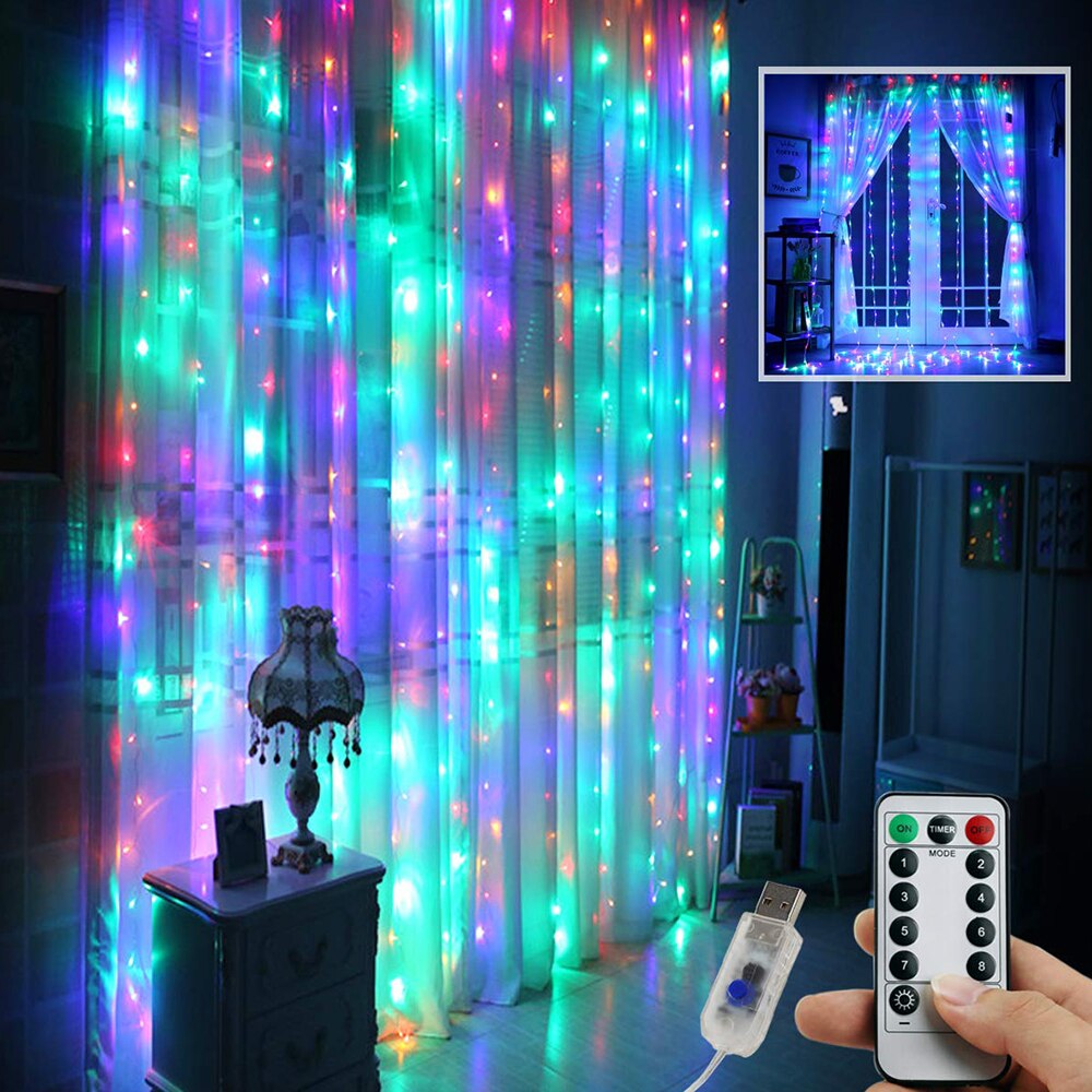 100/200/300LED Remote Control LED Curtain Lights USB Curtain String Lights +Hanging Hook Fairy Lights Glowing Party Supplies