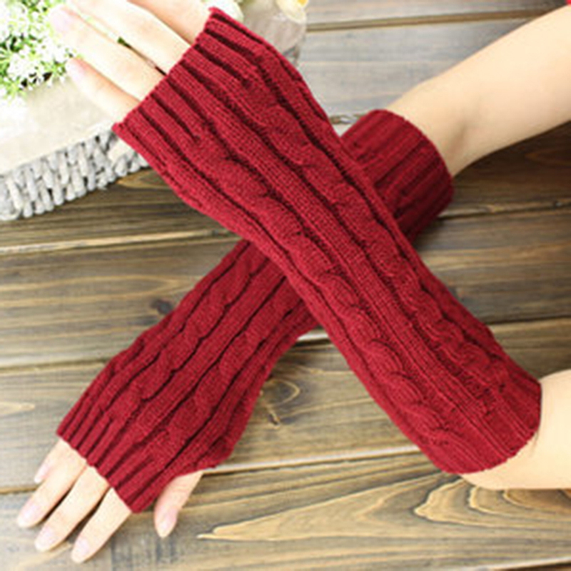 Guantes largos de lana de medio dedo para mujer, guantes gruesos de tejido para Otoño Invierno: wine red