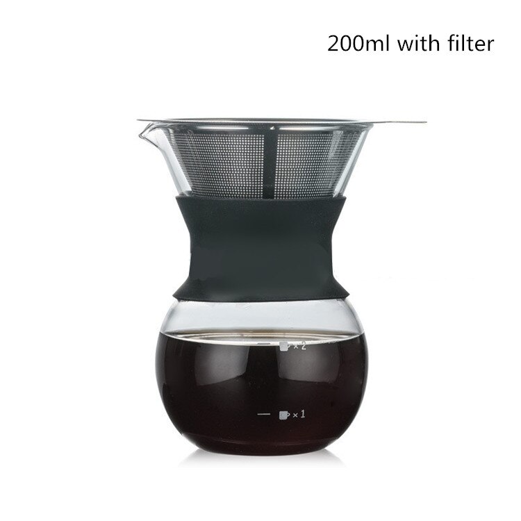 Värmebeständig kaffekanna i glas med filter i rostfritt stål handdroppskanna kafébryggare dela kanna barista häll över kaffebryggare: 200ml med filter