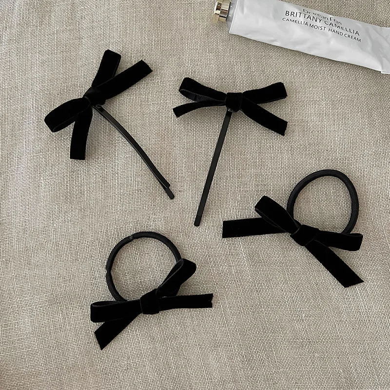Pinza para el pelo con lazo pequeño de terciopelo negro Vintage para mujeres y niñas, Cinta Larga para boda, horquillas coreanas, pasador, accesorios para el cabello, 1/2 piezas