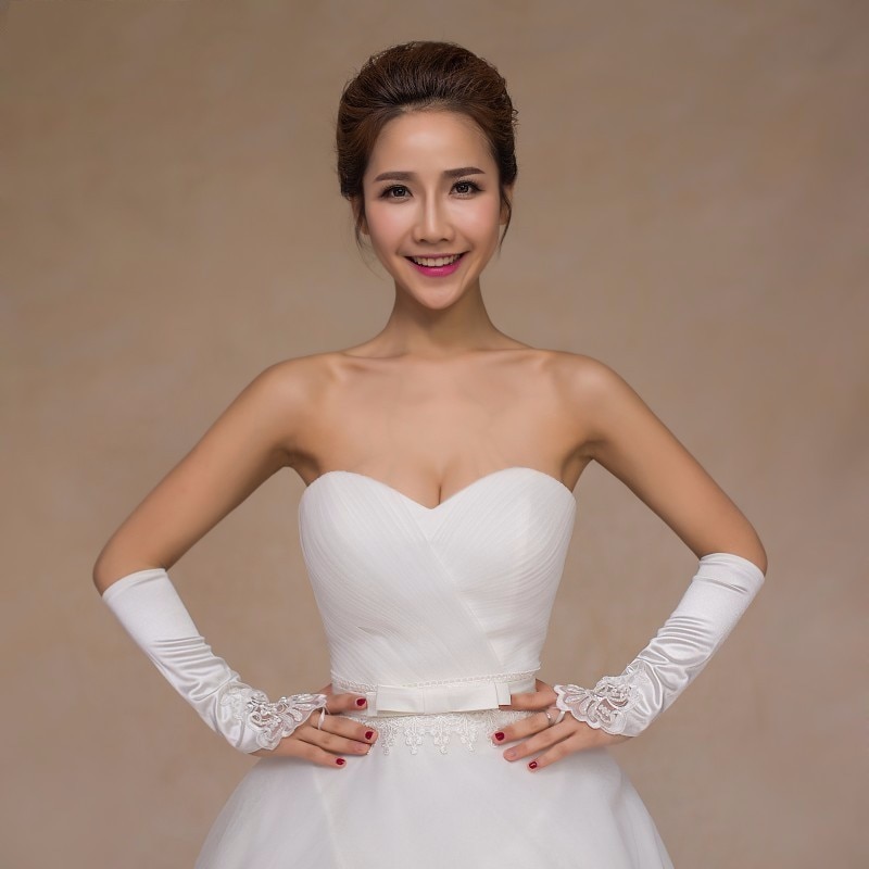 JIERUIZE Fall Fingerless Pearls White Ivory Bridal Gloves Lace Satin Bridal Accessories for Wedding Dresses