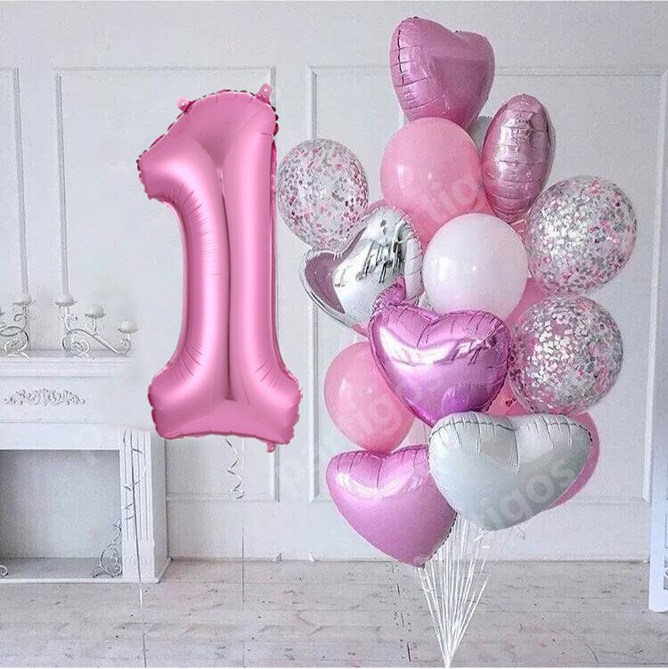 15pcs/lot girl Birthday Balloons with 30inch pink Number baloon 3/3rd Birthday Party Decor Kids anniversaire 9/1/3 years old: number1 set