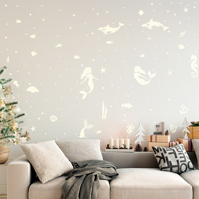 Luminous Wall Decal Mermaid Sea World PVC Stickers Glow in the Dark Wall Art for Home Window Wall Decals Home Decorations