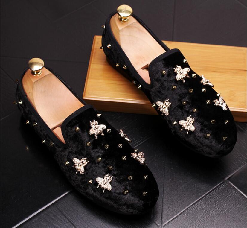 Gold Top and Metal Toe Men Velvet Dress shoes italian mens dress shoes Handmade Loafers: Black / 43