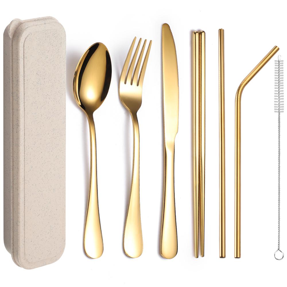 Food Grade 304 Stainless Steel Cutlery Set Silverware with Metal Straw Knife Fork Spoon Chopsticks 8Pcs Portable Travel Flatware: 8pcs gold set
