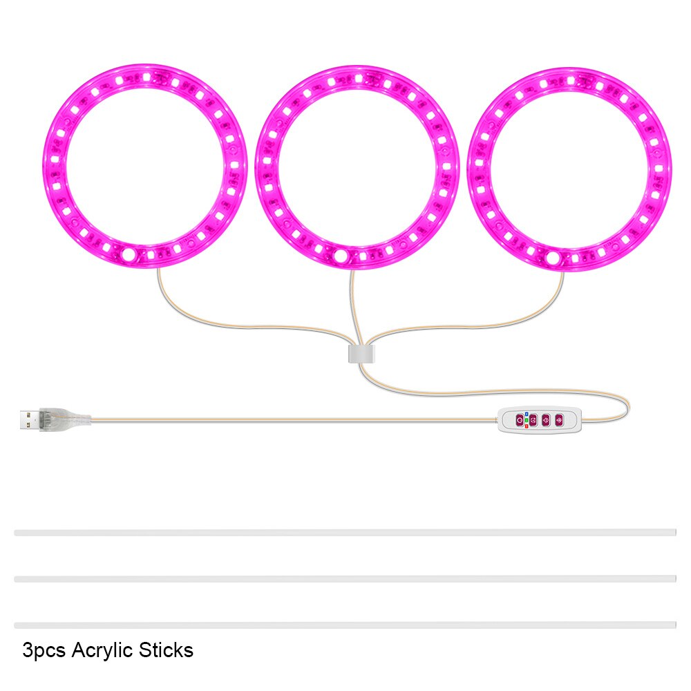 5V LED Grow Light 8/12/16H Timer USB Phyto Lamp Three Angel Ring Full Spectrum Phyto Lamp for Indoor Plants Flowers Growth Light: Pink 3 Rings