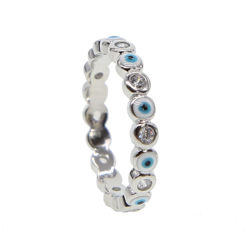 Top sølvfarve micro pave ondskabsring blå hvid blandet cz etniske tyrkiske smykker kvinder simpel lille ring