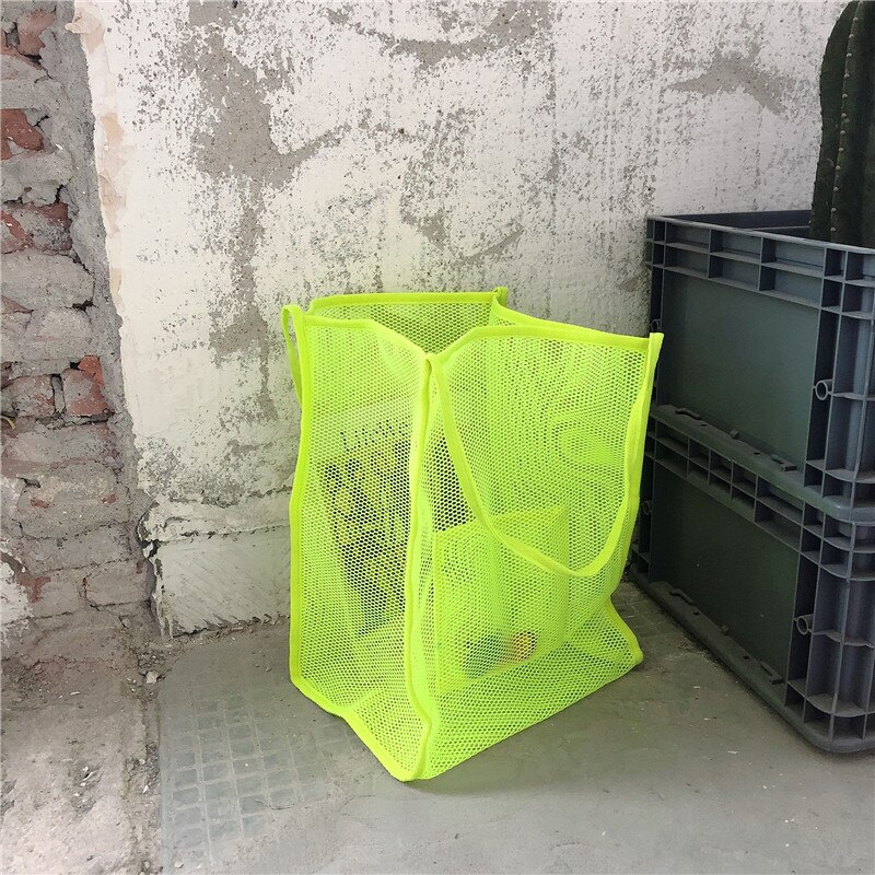 Kvinner mesh veske damer sammenleggbare shopping skuldervesker gjenbrukbar daglig bruk strandveske lys stor uformell tote: Fluorescerende gul
