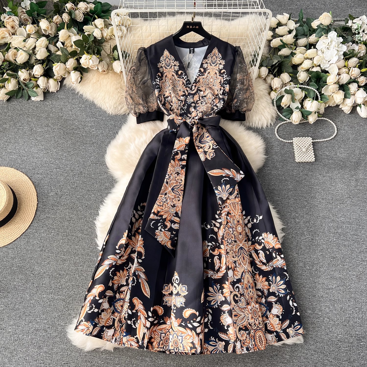 Jamerary Blumen druck Urlaubs kleid Frauen Palast Stil hoch-Ende elegante Promi Midi- Langarm Vestidos: L / Braun