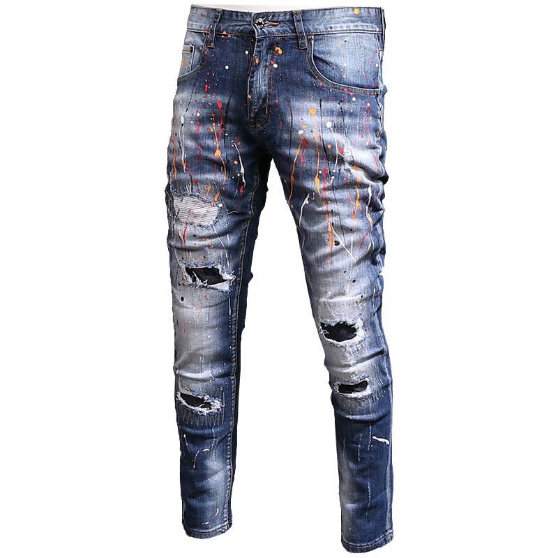 Mens Splash-ink Blue Ripped Jeans Men Slim Fit Pencil Pants Streetwear Cowboy Casual Denim Trousers