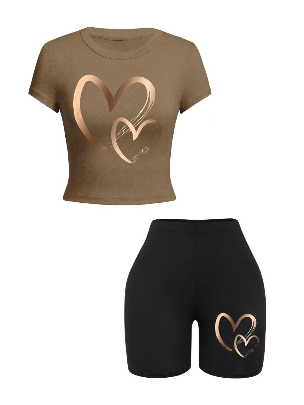 Sommer-Damen-schlank-passen-T-Hemden und kurze Hose, 2-teiliges einstellen, einfache Herzenmuster, Drucke, bauchfreie Spitzen, modische, hochelastische, weiche Kleidung: M / Gold