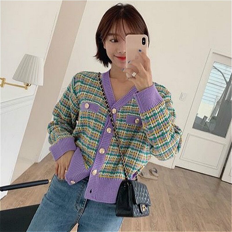 Cardigan kvinder farverige plaid tre farver enkelt breasted v-hals udsøgt chic koreansk stil slank: Lilla / M