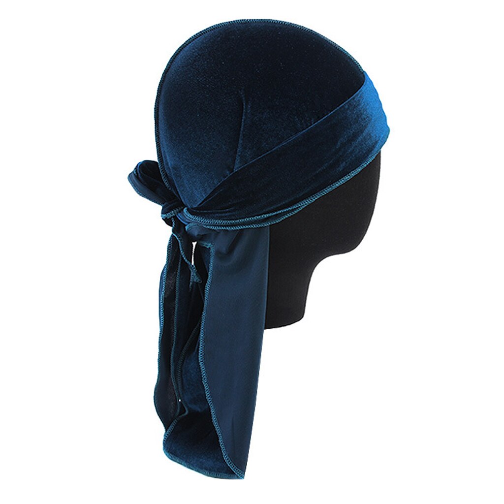 Women Men Long Tail Plain Velvet Bandana Turban Hat Durag Headwear Pirate Cap Head Wraps: Peacock blue