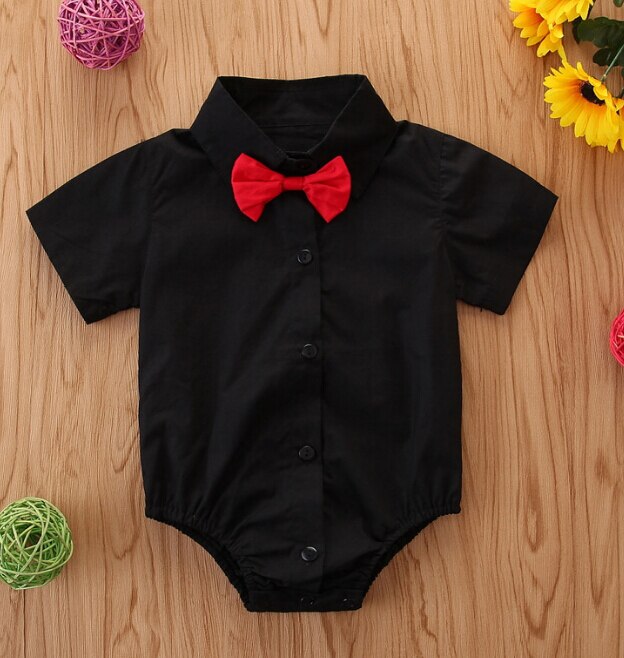 Pasgeboren Baby Jongens Outfits Jumpsuit Zomer Kleding Gentleman Strik Tie Bodysuit Lange Mouwen Kleding: Short sleeve black / 18m