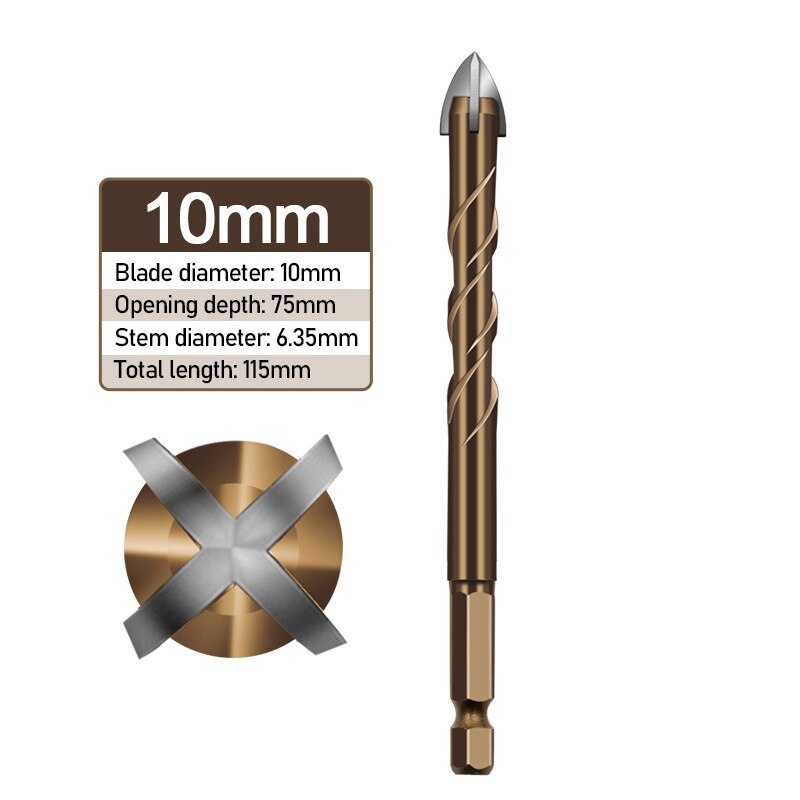 1Pc Hex Shank Spiral Groove Cross Alloy Four-edged Drill Bit Glass Ceramic Concrete Hole Opener 3/4/5/6/8/10/12MM: 10mm