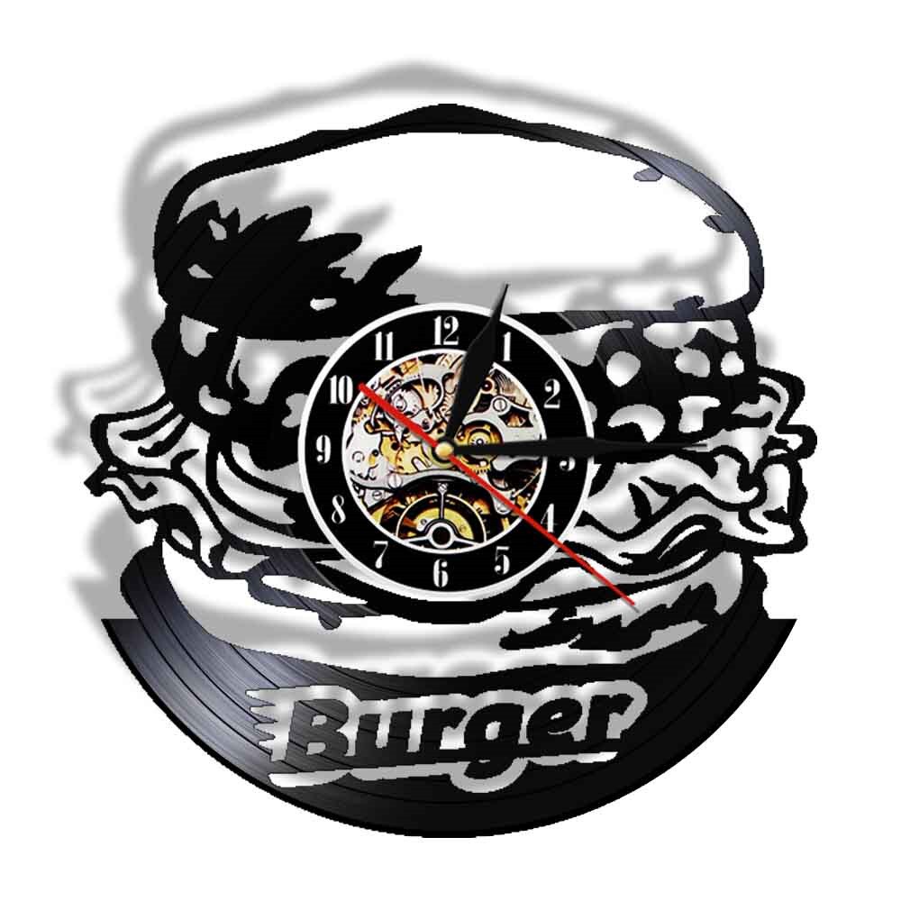 Decoración de Pared para el hogar, Reloj de hamburguesa con disco de vinilo, cocina, con luz, de comida rápida, con lámpara Led de moderno