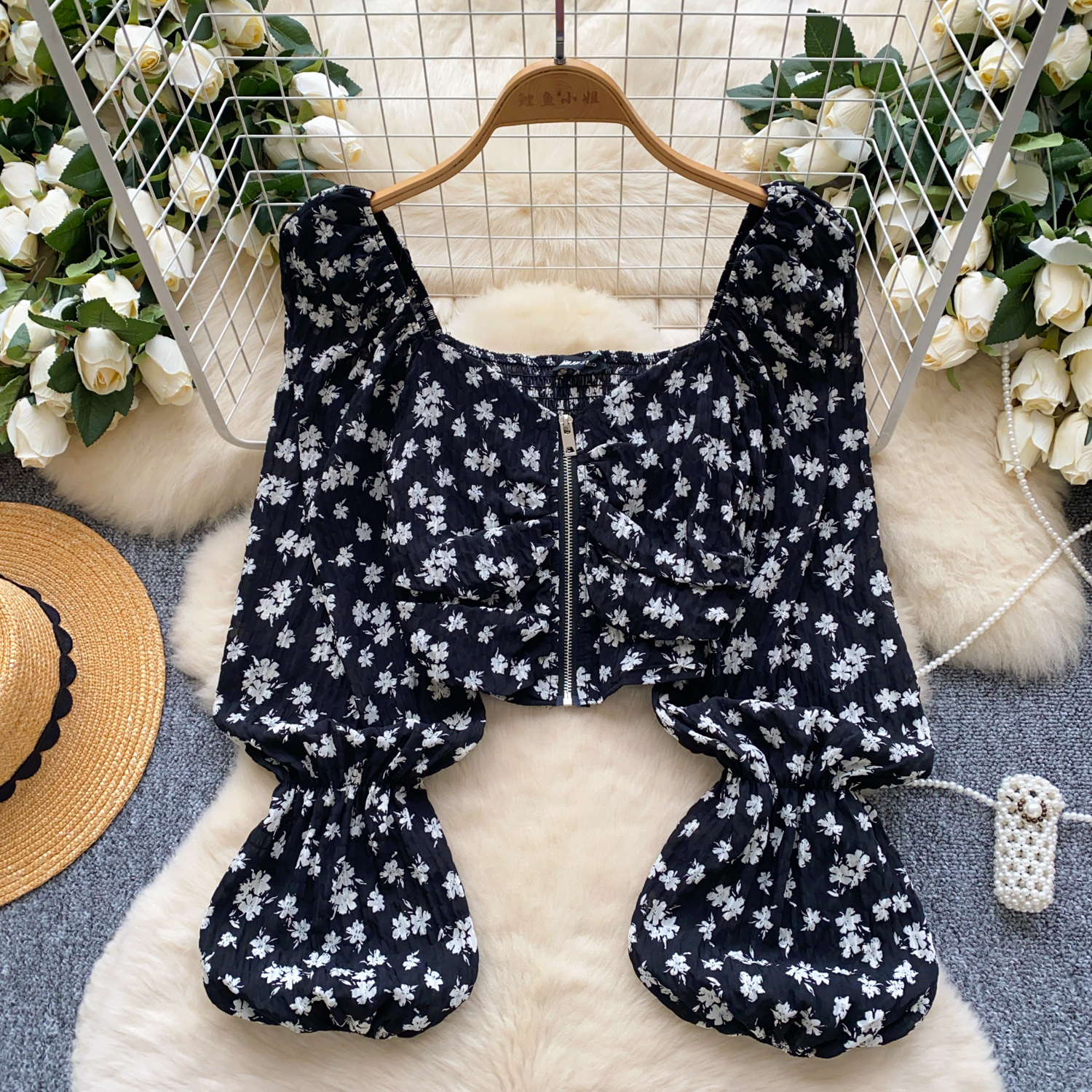 Elegant sexig söt plisserad t-shirt med dragkedja och tryck, crop top, vintage-t-shirts för kvinnor, vår- och sommartröja: Svart