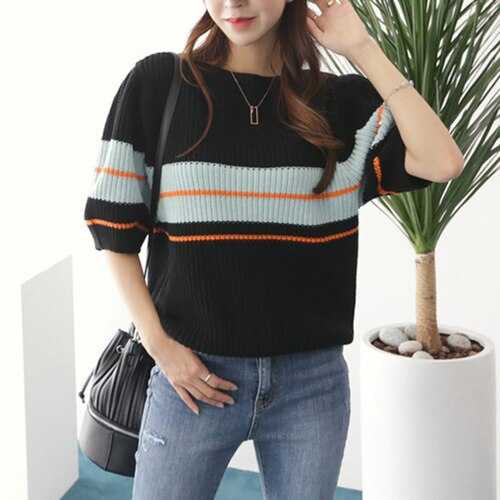 Neploe regenboog gestreepte trui dames lente koreaanse ronde hals pofmouw dames pullover tops casua stretch damestrui: Blauw