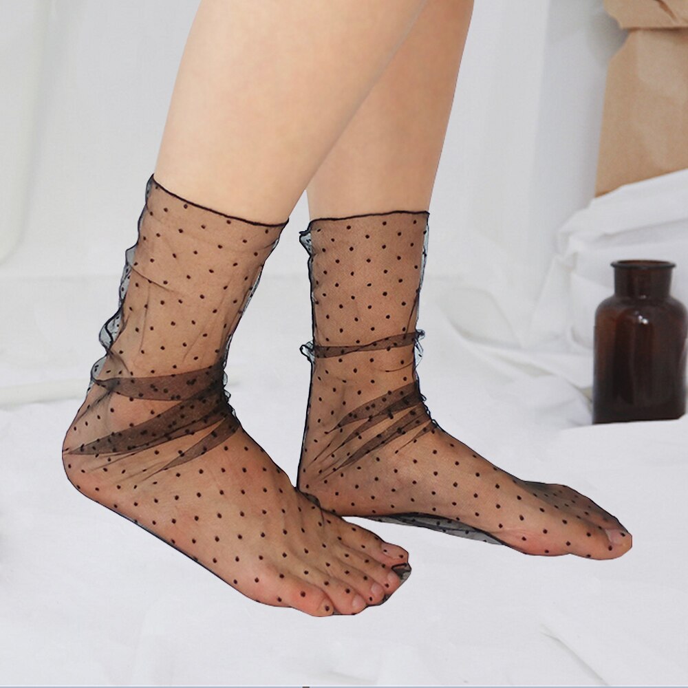 Calcetines de tul de lunares para mujer, medias ultrafinas transparentes transpirables, de malla, de lunares pequeños