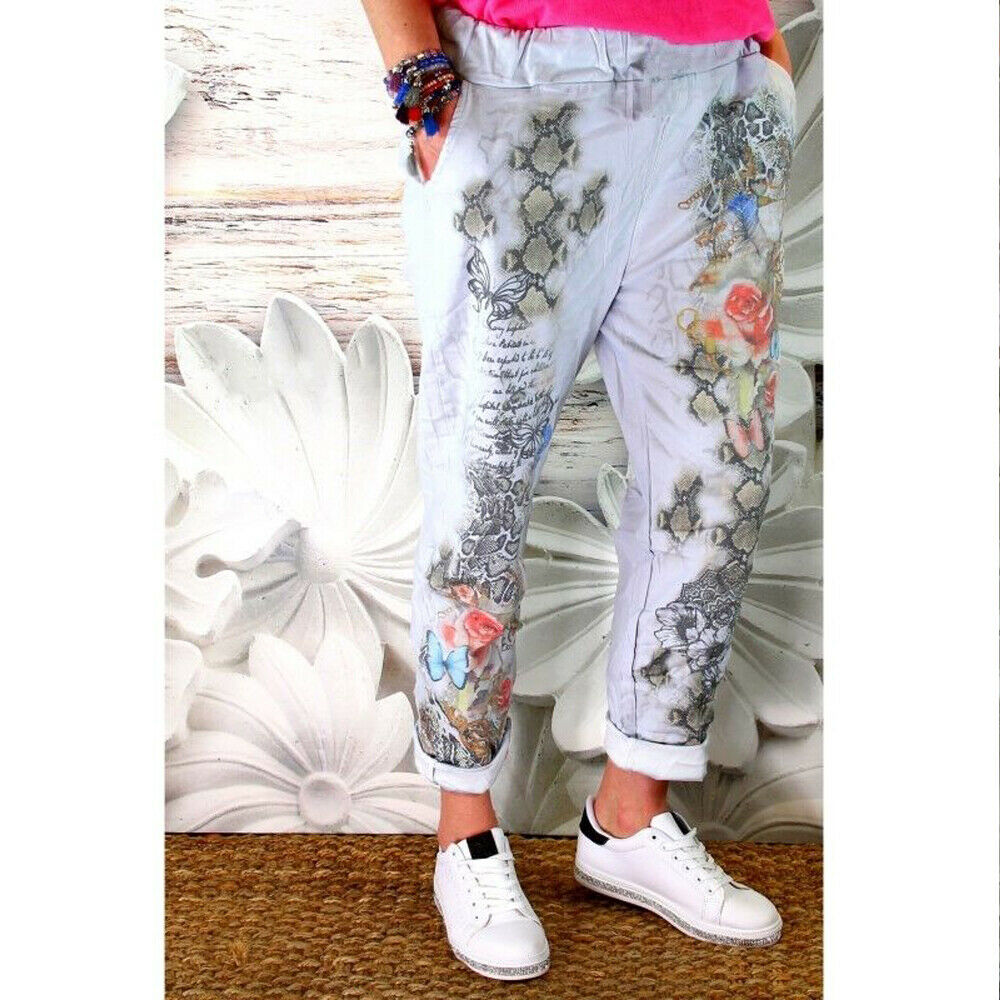 Women Elastic Floral Waist Pencil Stretch Skinny Drawstring Jeans Pants Trousers: L / Gray